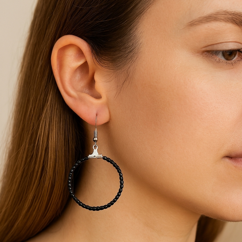 Black Beaded Hoop Earrings